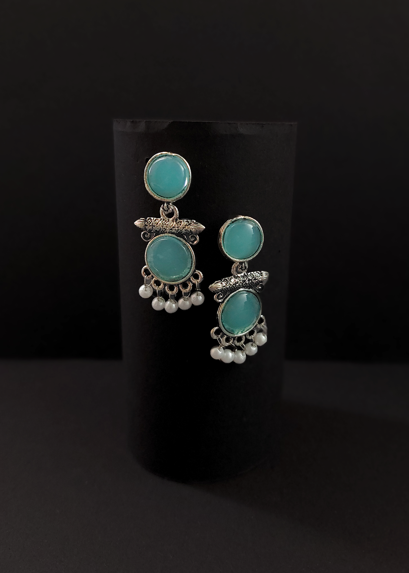 OXIDISED TEAL STONE SILVER EARRINGS