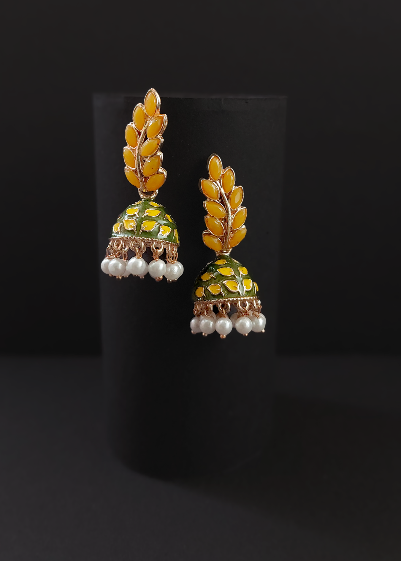 MUSTARD MEENAKARI LEAF JHUMKA EARRINGS