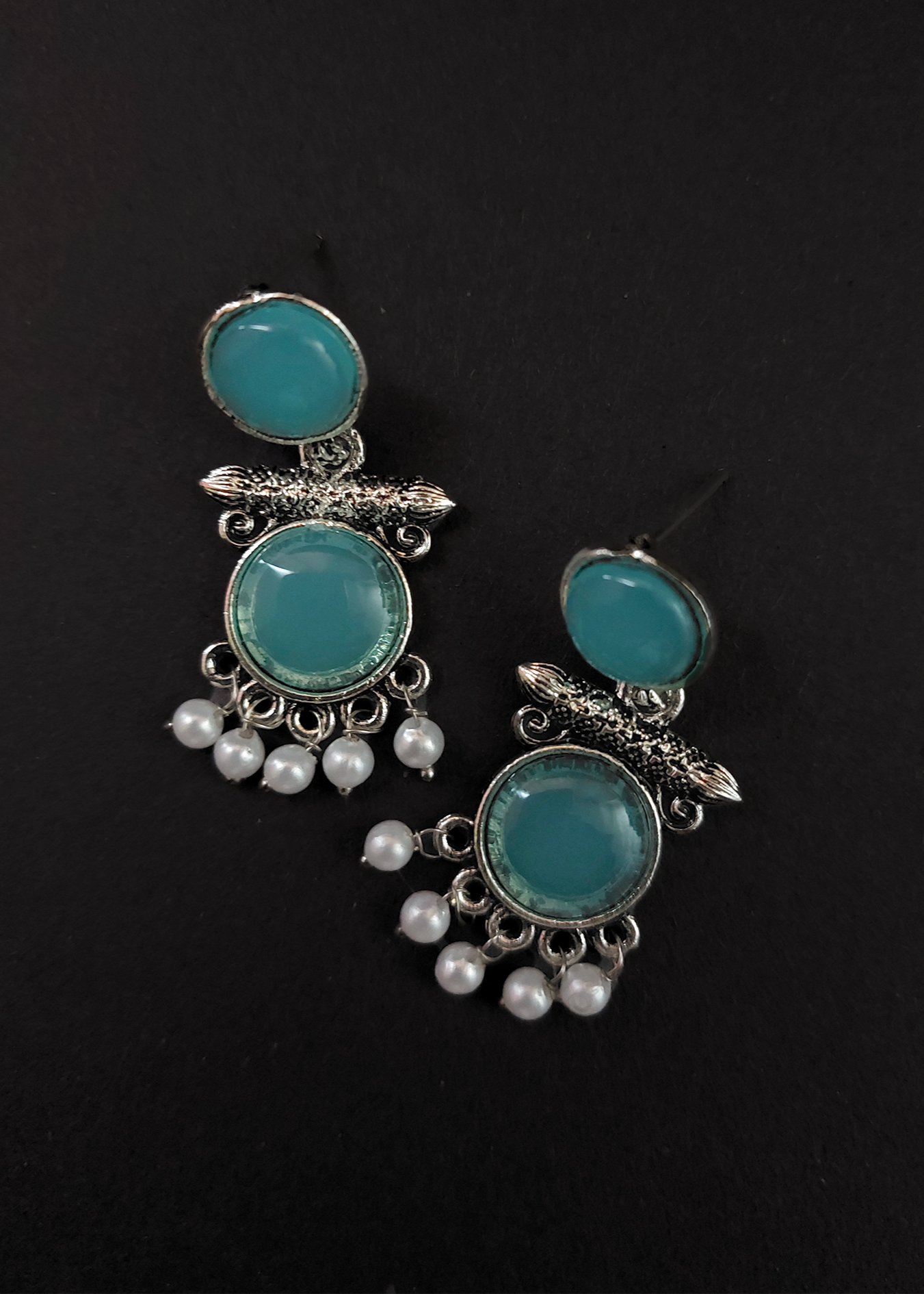 OXIDISED TEAL STONE SILVER EARRINGS