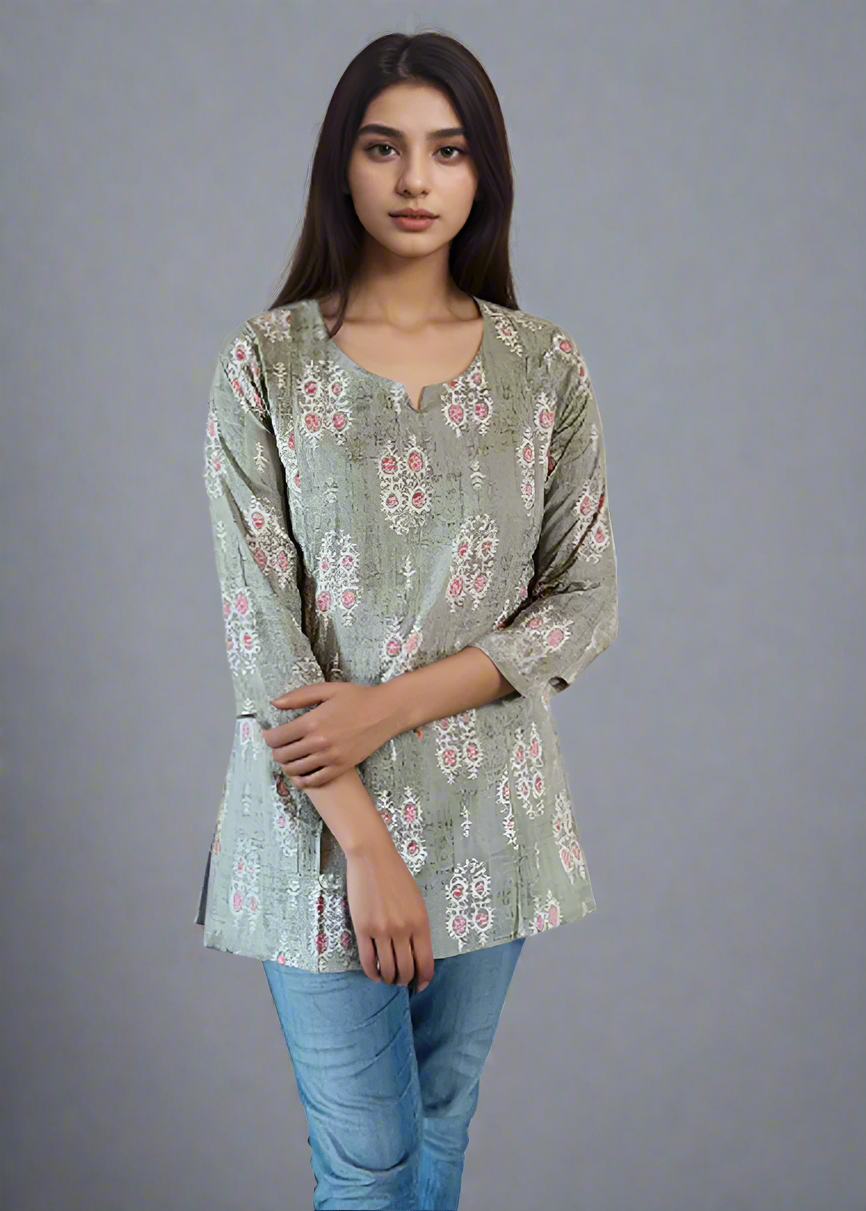 GREEN AJRAK PRINT COTTON TUNIC KURTI TOP