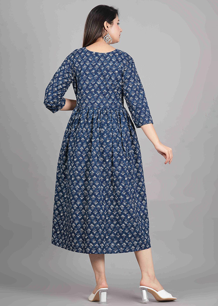 INDIGO BLUE ETHNIC BLOCK PRINT COTTON MATERNITY NURSING DRESS