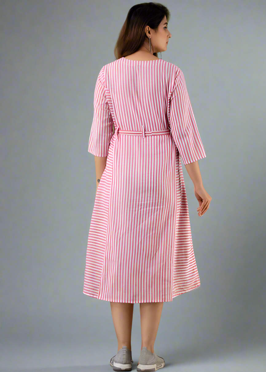 PINK COTTON YARN DYED MATERNITY FEEDING DRESS