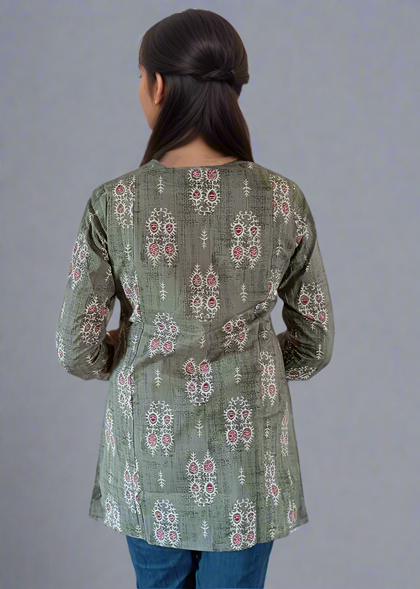 GREEN AJRAK PRINT COTTON TUNIC KURTI TOP