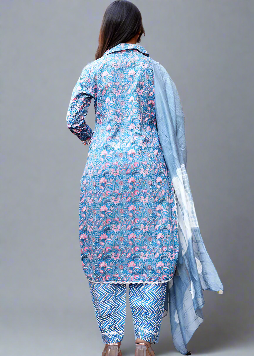 BLUE AFGHANI SHIRT COLLAR COTTON KURTA SET
