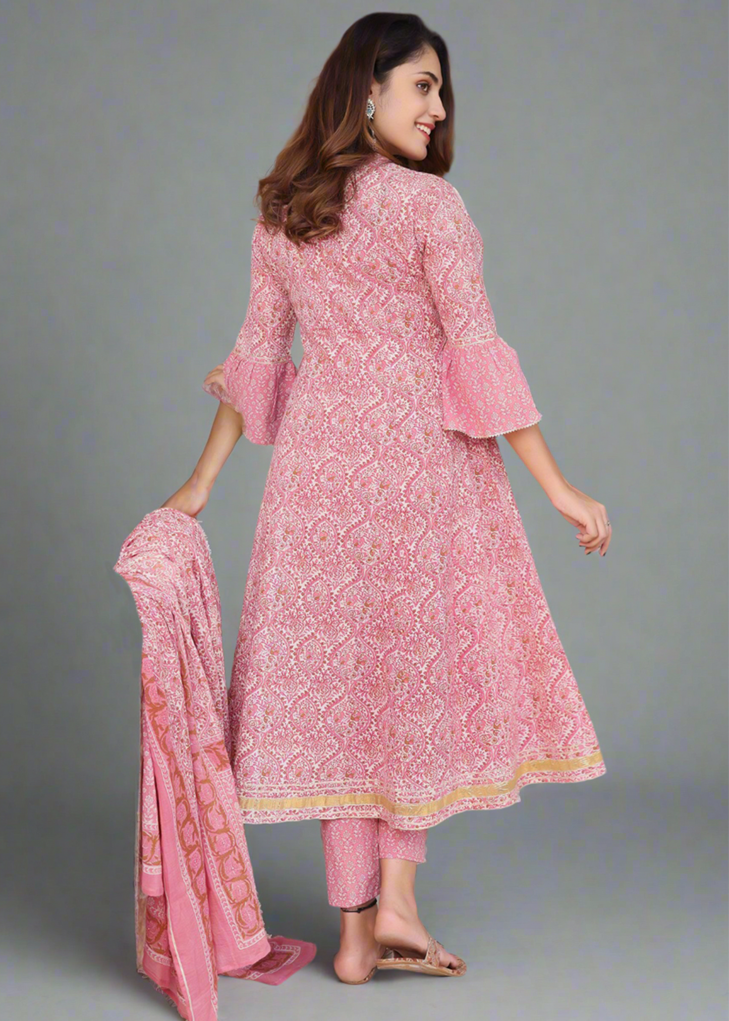 GRACEFUL PINK ANARKALI COTTON KURTA SET