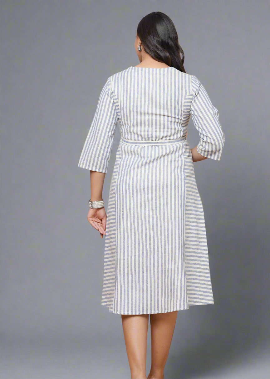 BLUE COTTON YARN DYED MATERNITY FEEDING DRESS