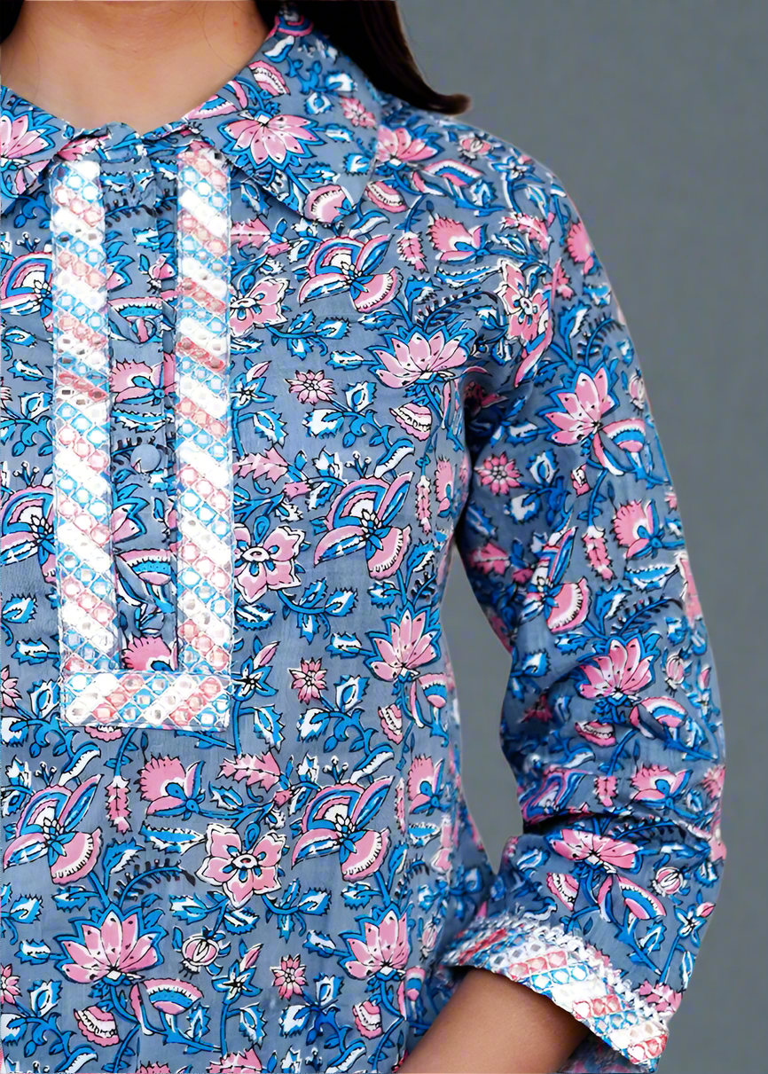 BLUE AFGHANI SHIRT COLLAR COTTON KURTA SET