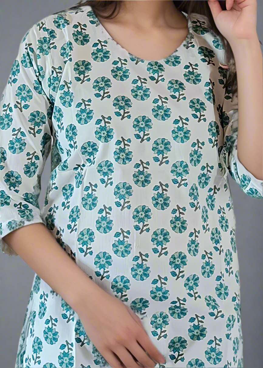JAIPURI GREEN FLORAL COTTON TUNIC KURTI TOP