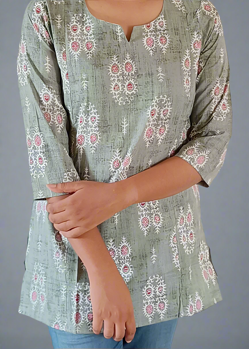 GREEN AJRAK PRINT COTTON TUNIC KURTI TOP