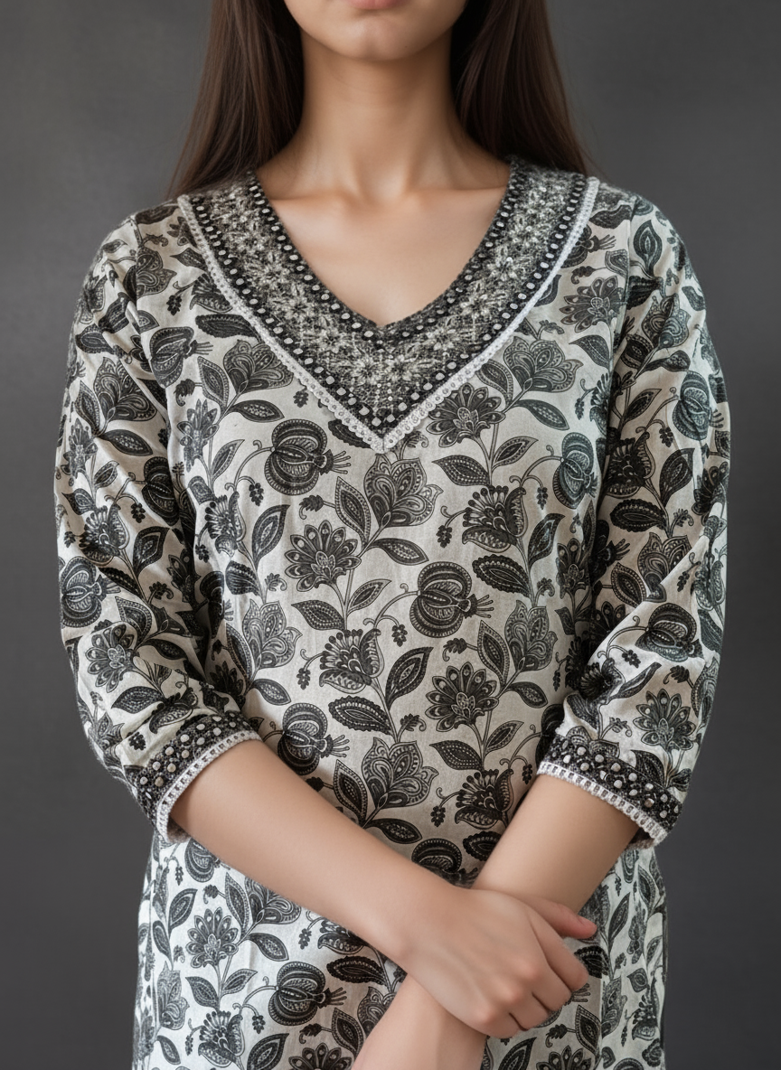 Woman wearing a floral patterned kurta with intricate detailing on a plain background