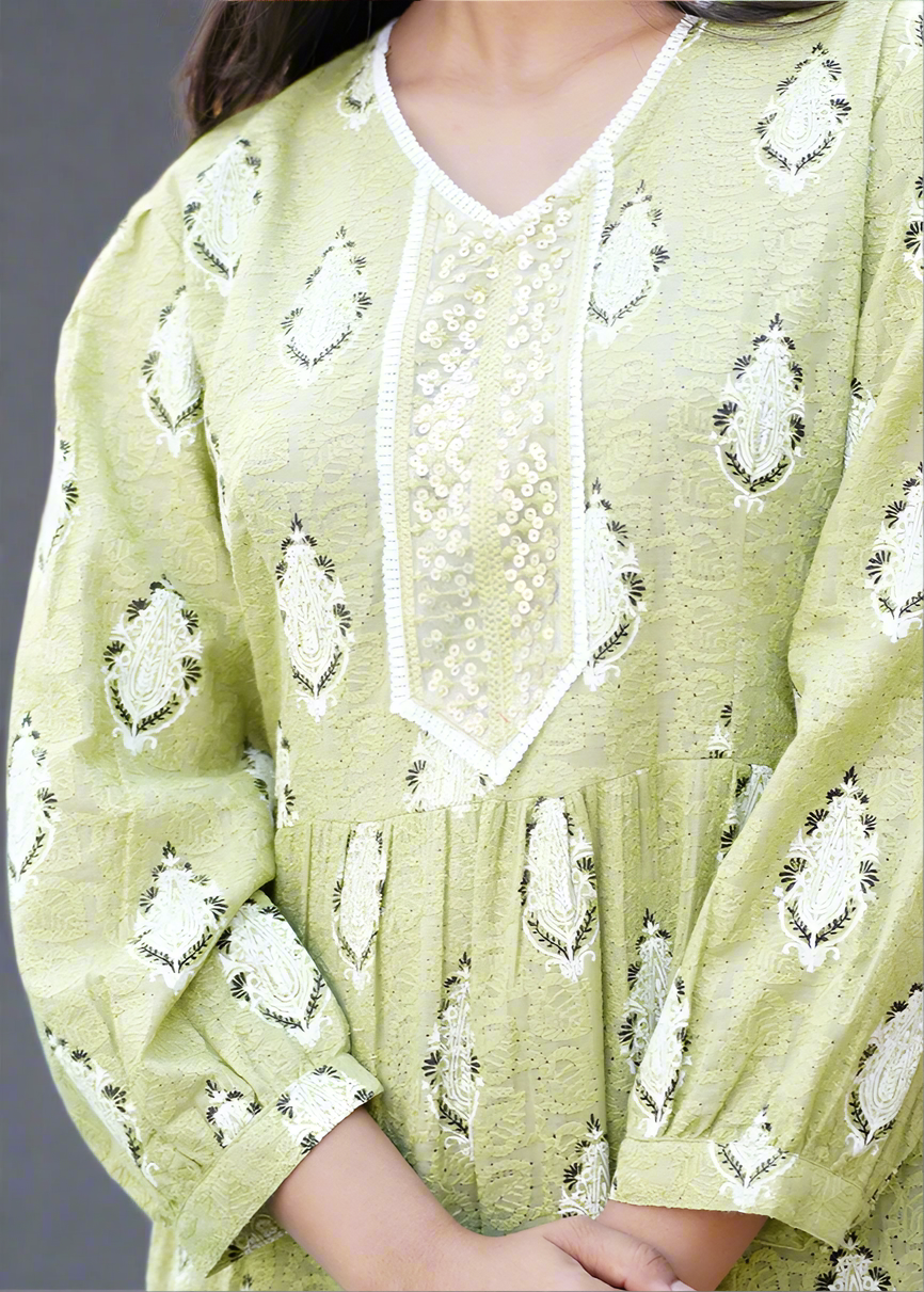 CHIKANKARI PASLEY PRINT DATE DRESS