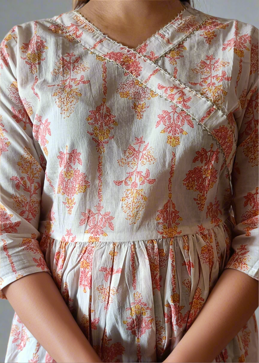Floral patterned dress with long sleeves on a neutral background