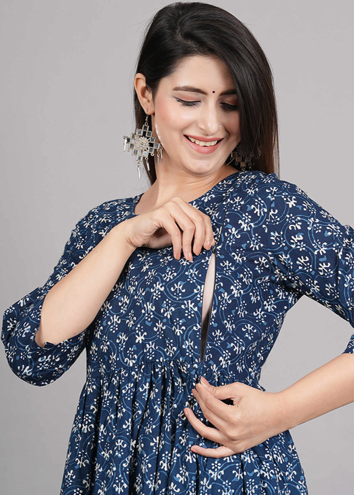 INDIGO BLUE ETHNIC BLOCK PRINT COTTON MATERNITY NURSING DRESS