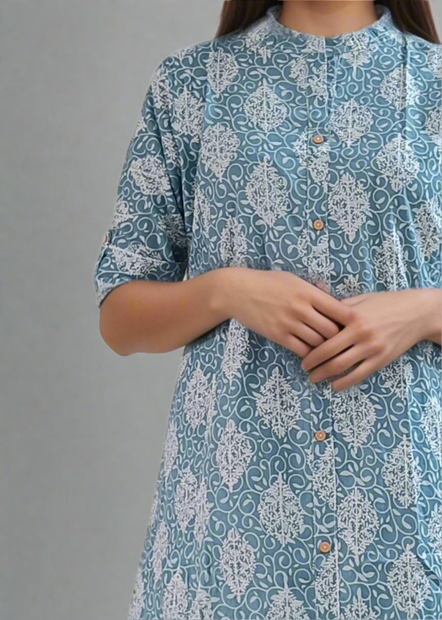 BLUE ETHNIC A-LINE COTTON KURTI