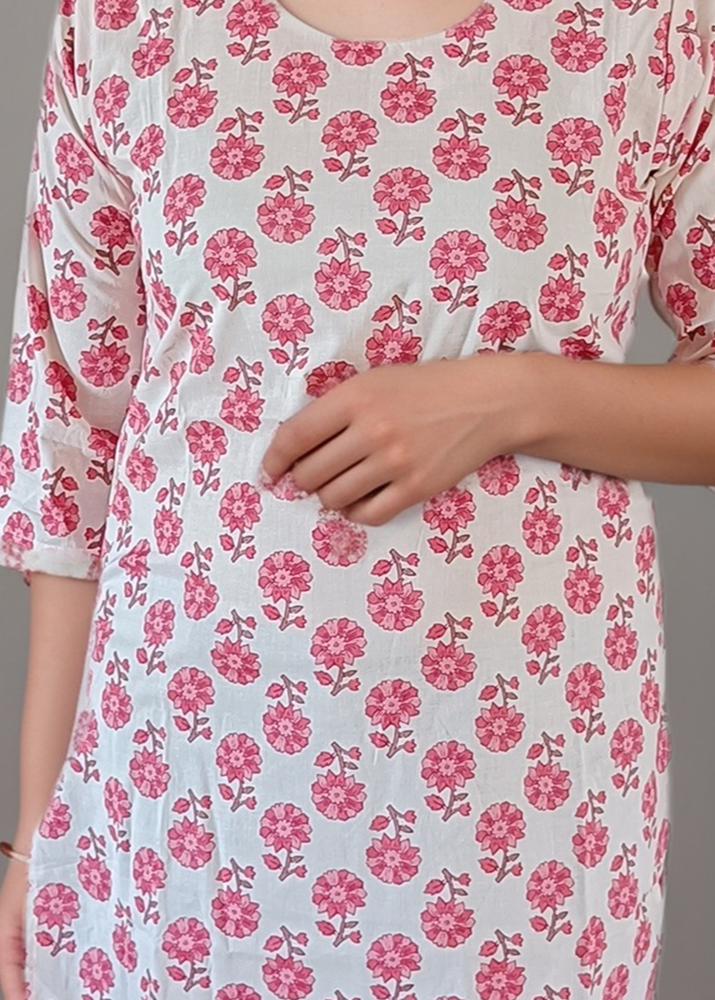 JAIPURI PINK FLORAL COTTON TUNIC KURTI TOP