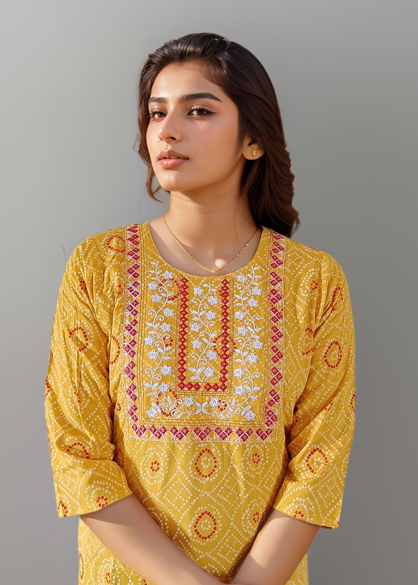 ETHNIC YELLOW BANDHANI EMBROIDERED KURTI
