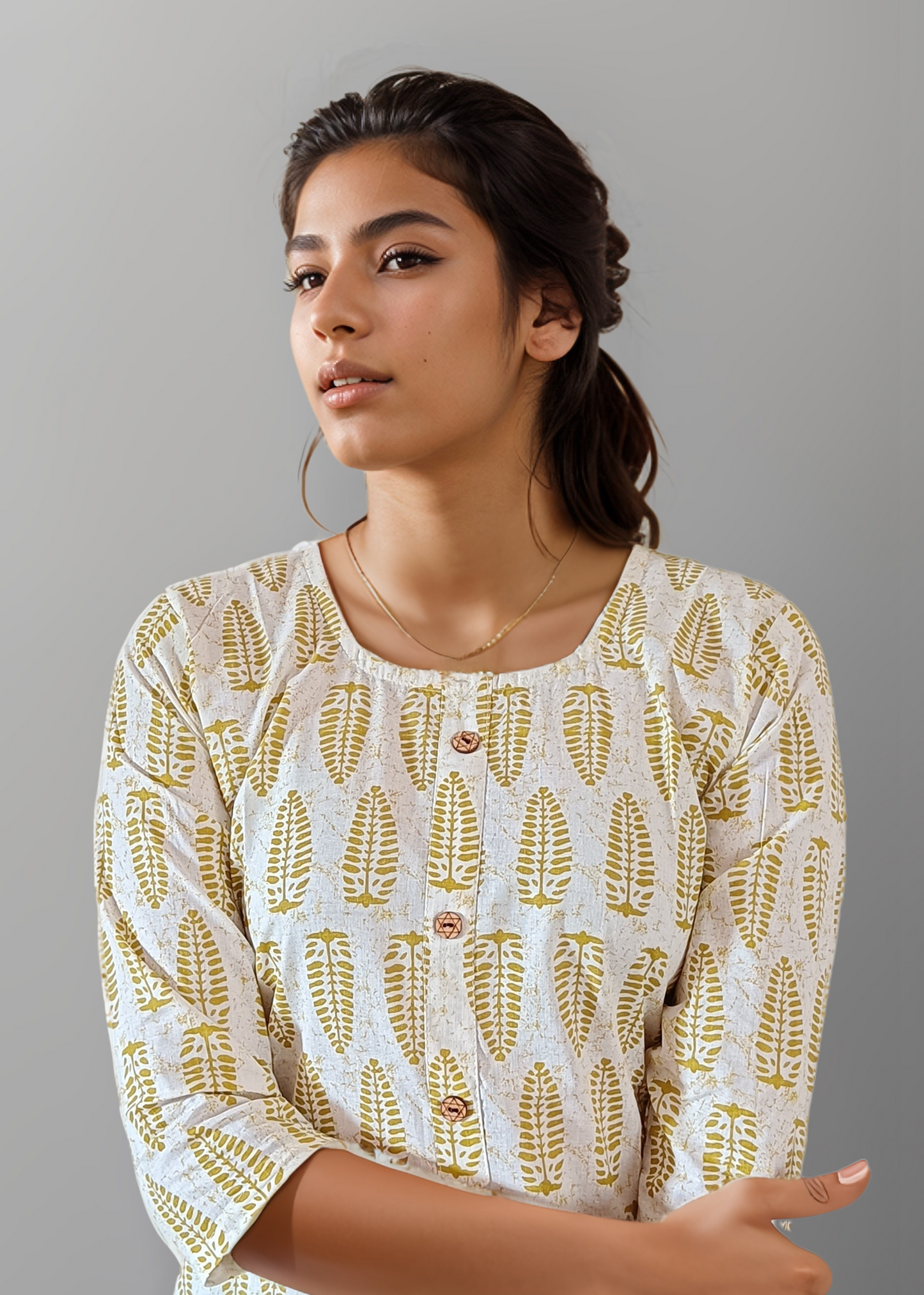 WHITE HAND BLOCK STRAIGHT FIT COTTON KURTI