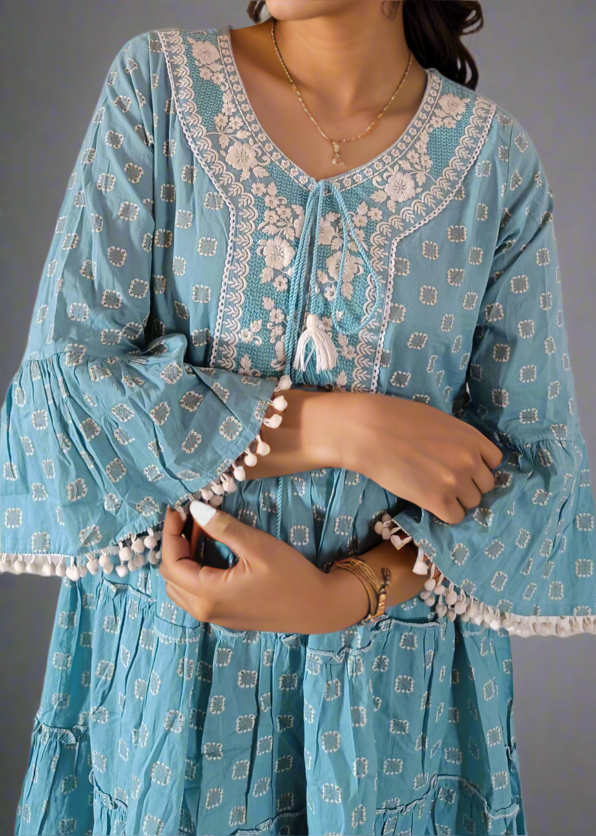 GEOMETRIC PATTERN BOHO TIERED COTTON DRESS