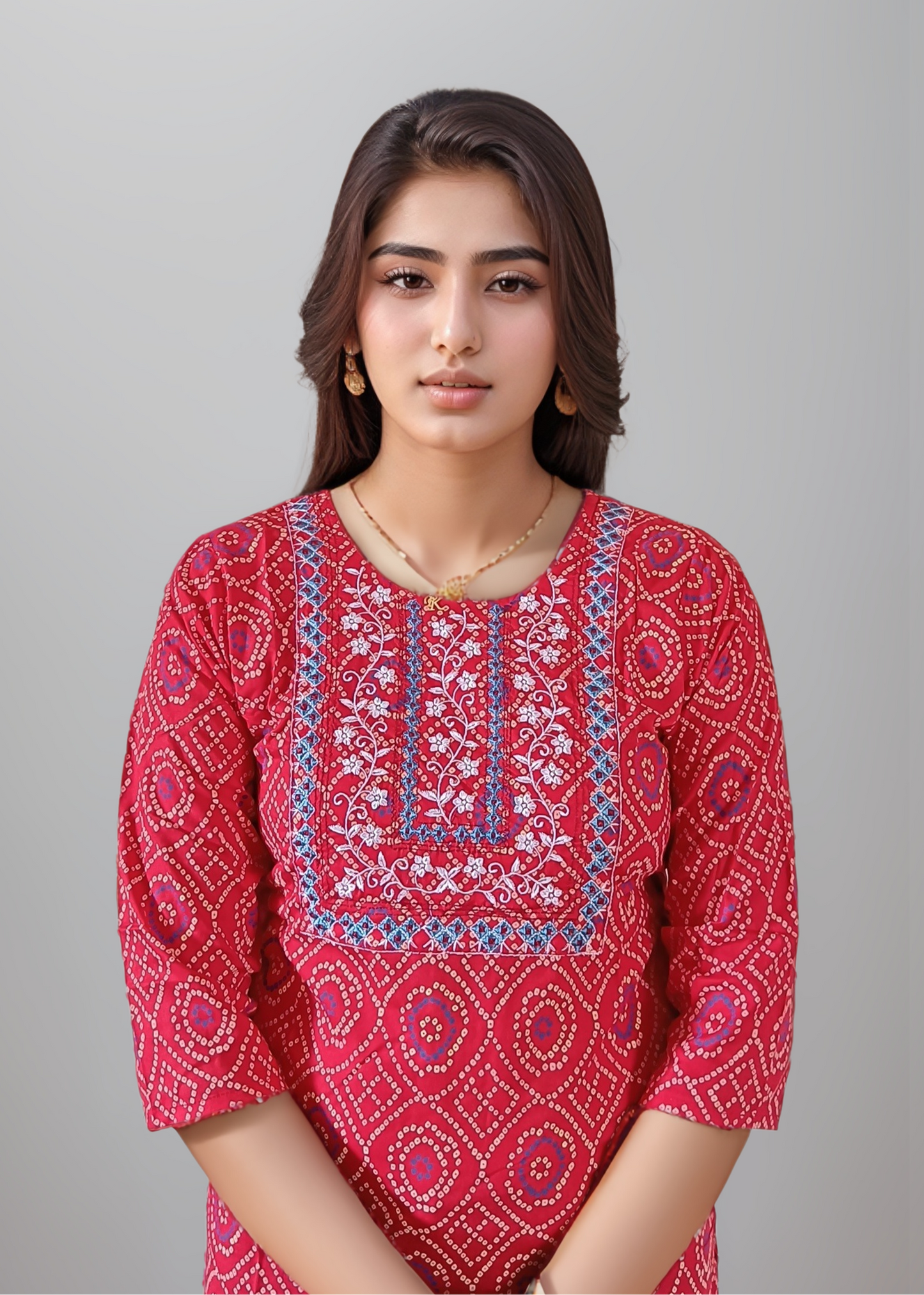 RICH RED BANDHANI EMBROIDERED KURTI