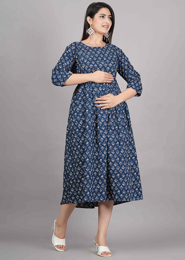 INDIGO BLUE ETHNIC BLOCK PRINT COTTON MATERNITY NURSING DRESS