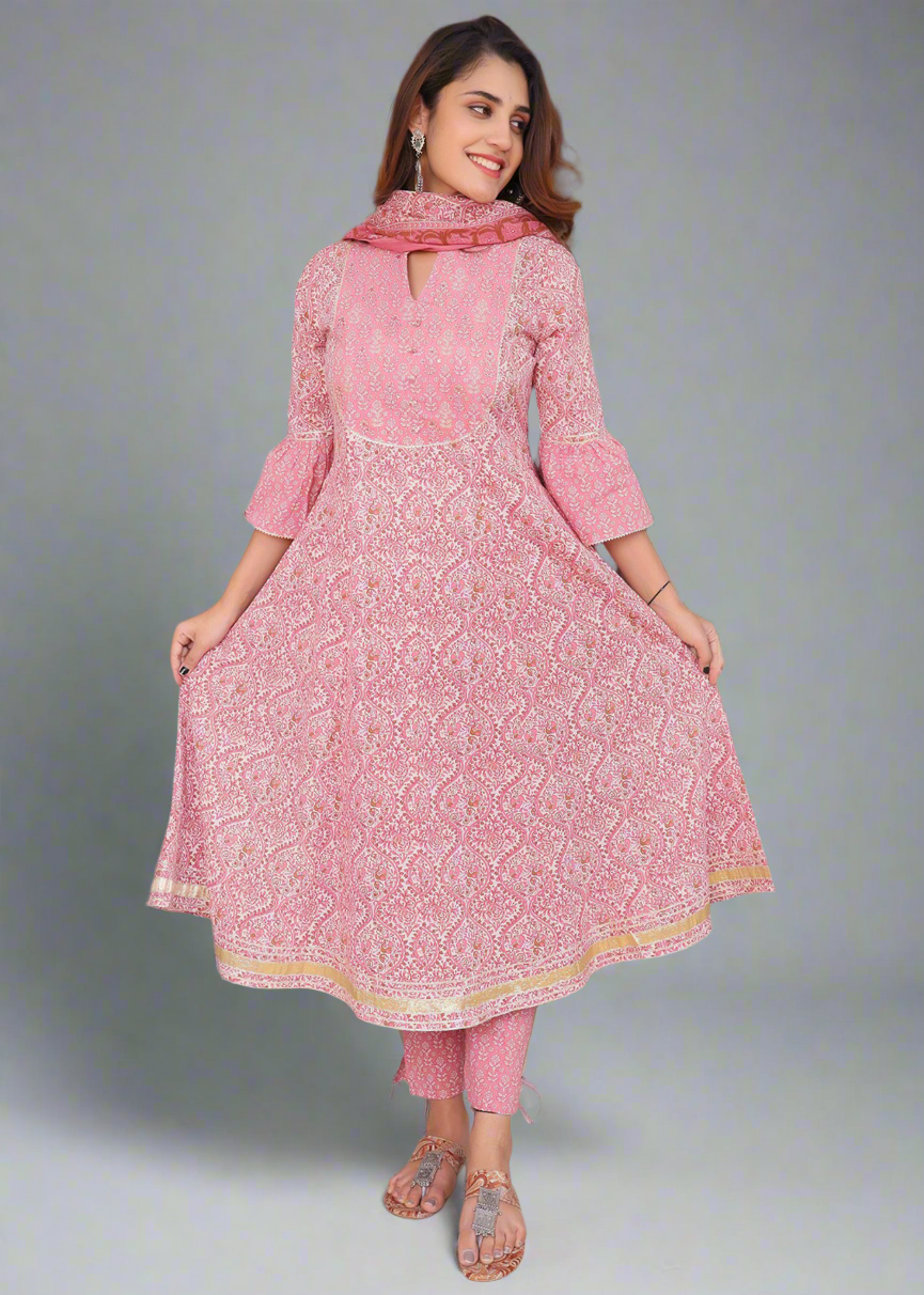 GRACEFUL PINK ANARKALI COTTON KURTA SET