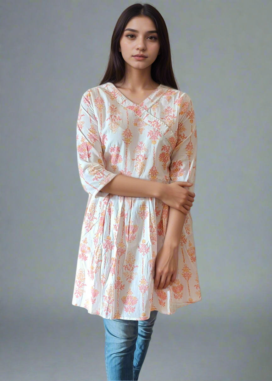 PEACH VIBES ANGRAKHA STYLE PEPLUM COTTON TUNIC KURTI TOP