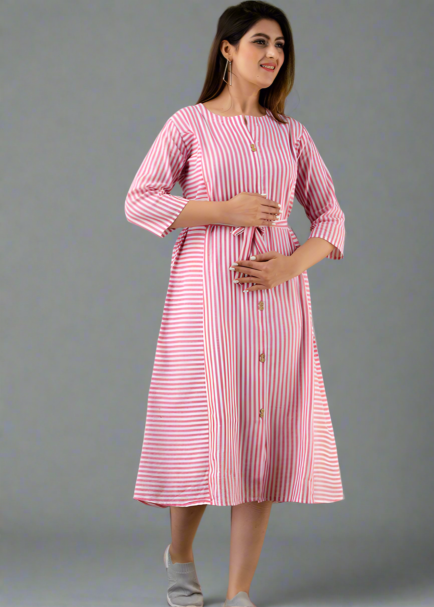 PINK COTTON YARN DYED MATERNITY FEEDING DRESS