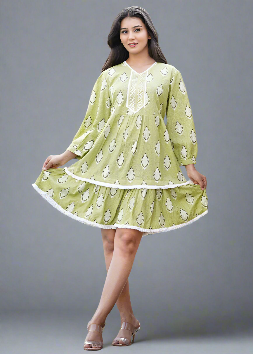 CHIKANKARI PASLEY PRINT DATE DRESS