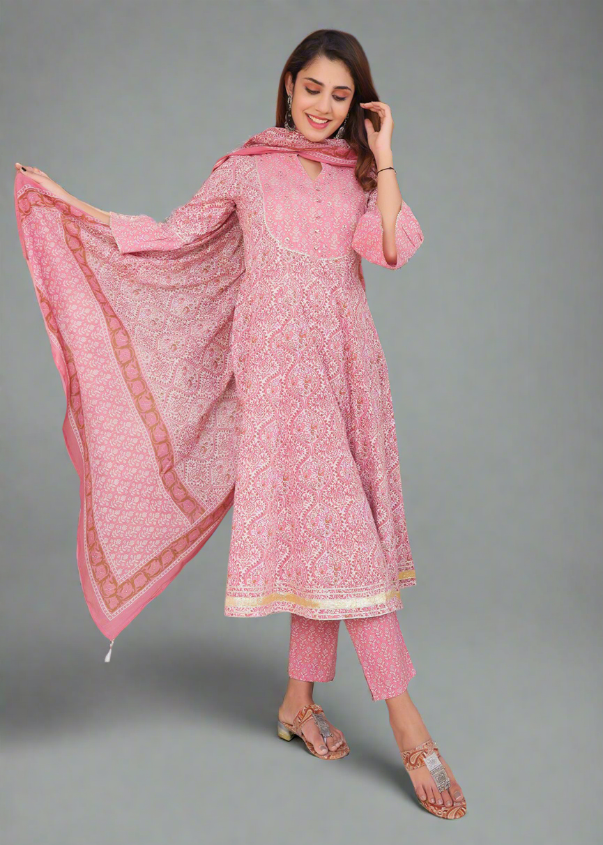 GRACEFUL PINK ANARKALI COTTON KURTA SET