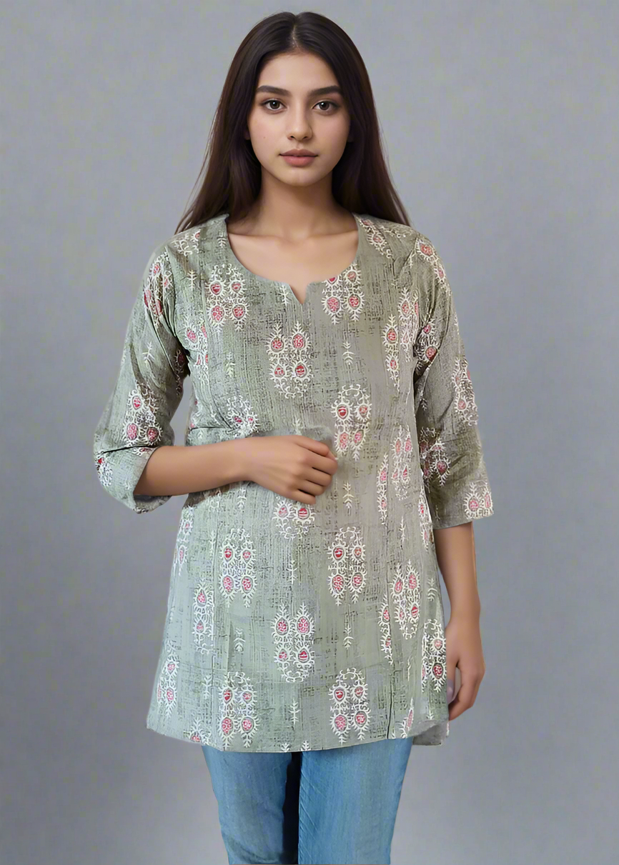 GREEN AJRAK PRINT COTTON TUNIC KURTI TOP