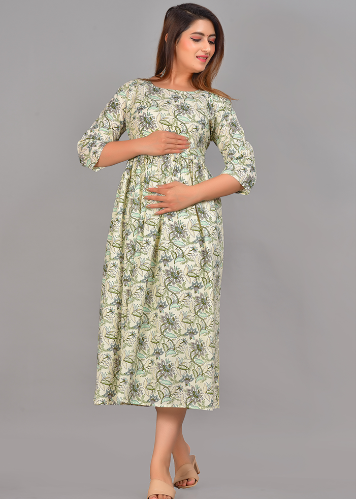 BREATHABLE COTTON OFF-WHITE MATERNITY NURSING DRESS