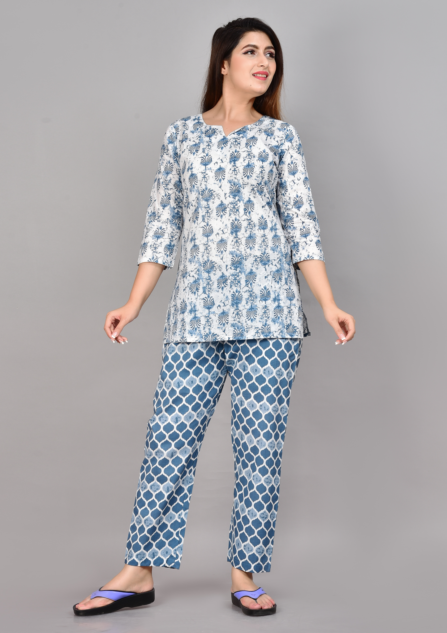 WHITE & BLUE BATIK PRINT COTTON CO-ORD SET