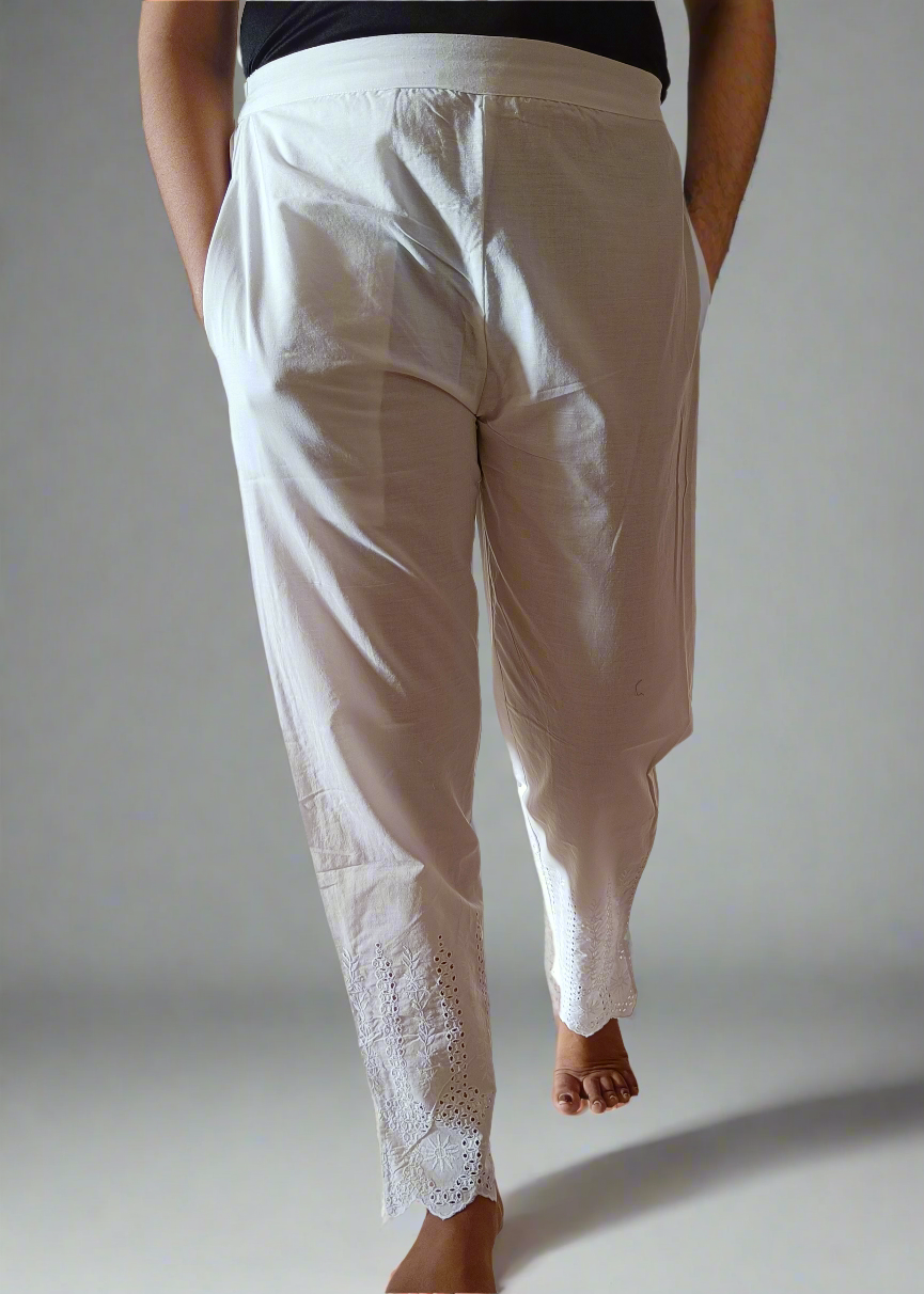 ELEGANT WHITE CHIKANKARI COTTON PANTS