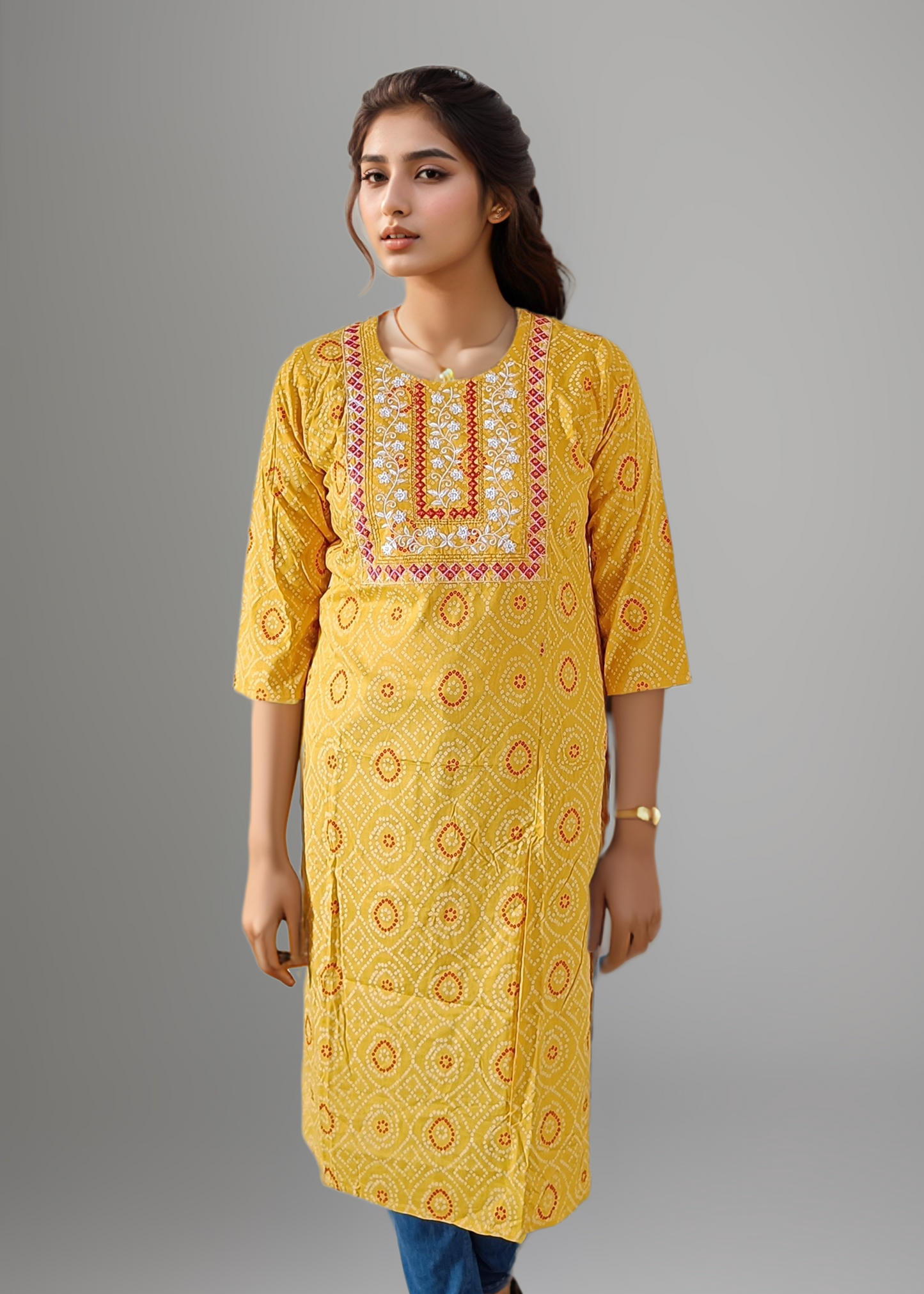 ETHNIC YELLOW BANDHANI EMBROIDERED KURTI