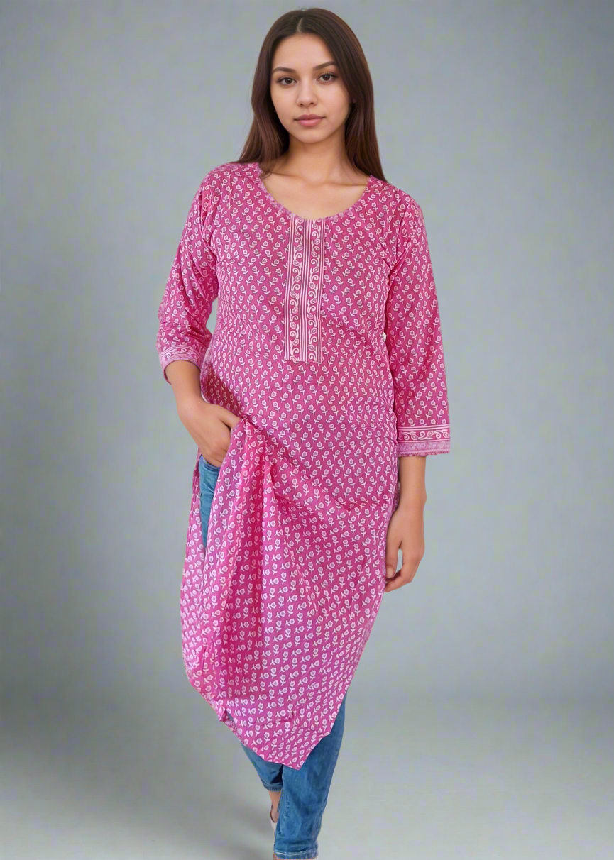 Woman wearing a pink patterned kurta with blue jeans on a white background