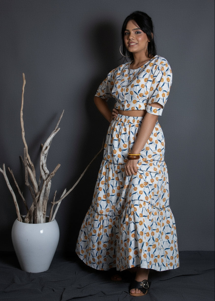 White floral handblock co-ord set including a crop top and skirt