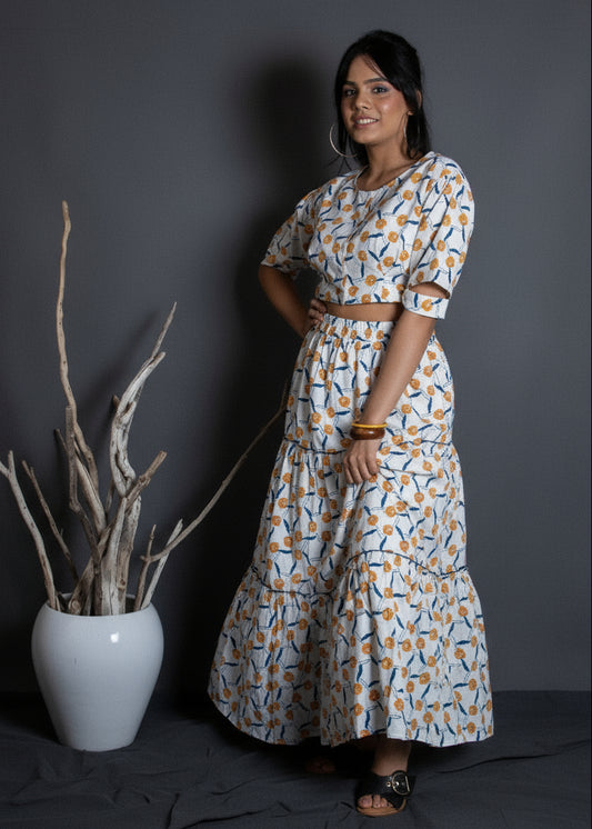 White floral handblock co-ord set including a crop top and skirt