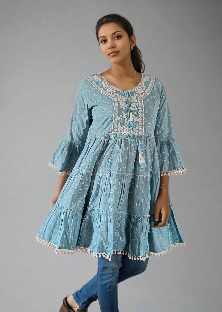 GEOMETRIC PATTERN BOHO TIERED COTTON DRESS