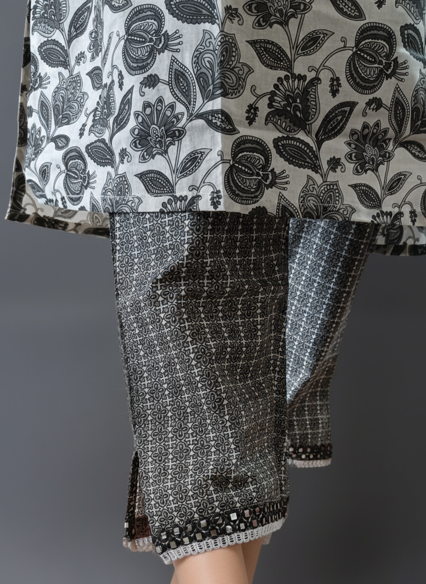Close-up of a pant with floral and checkered patterns  with bottom lace detail on a plain background