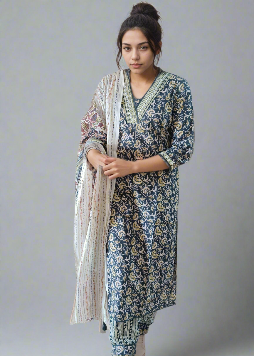 Woman wearing a blue floral kurta with a matching dupatta on a white background