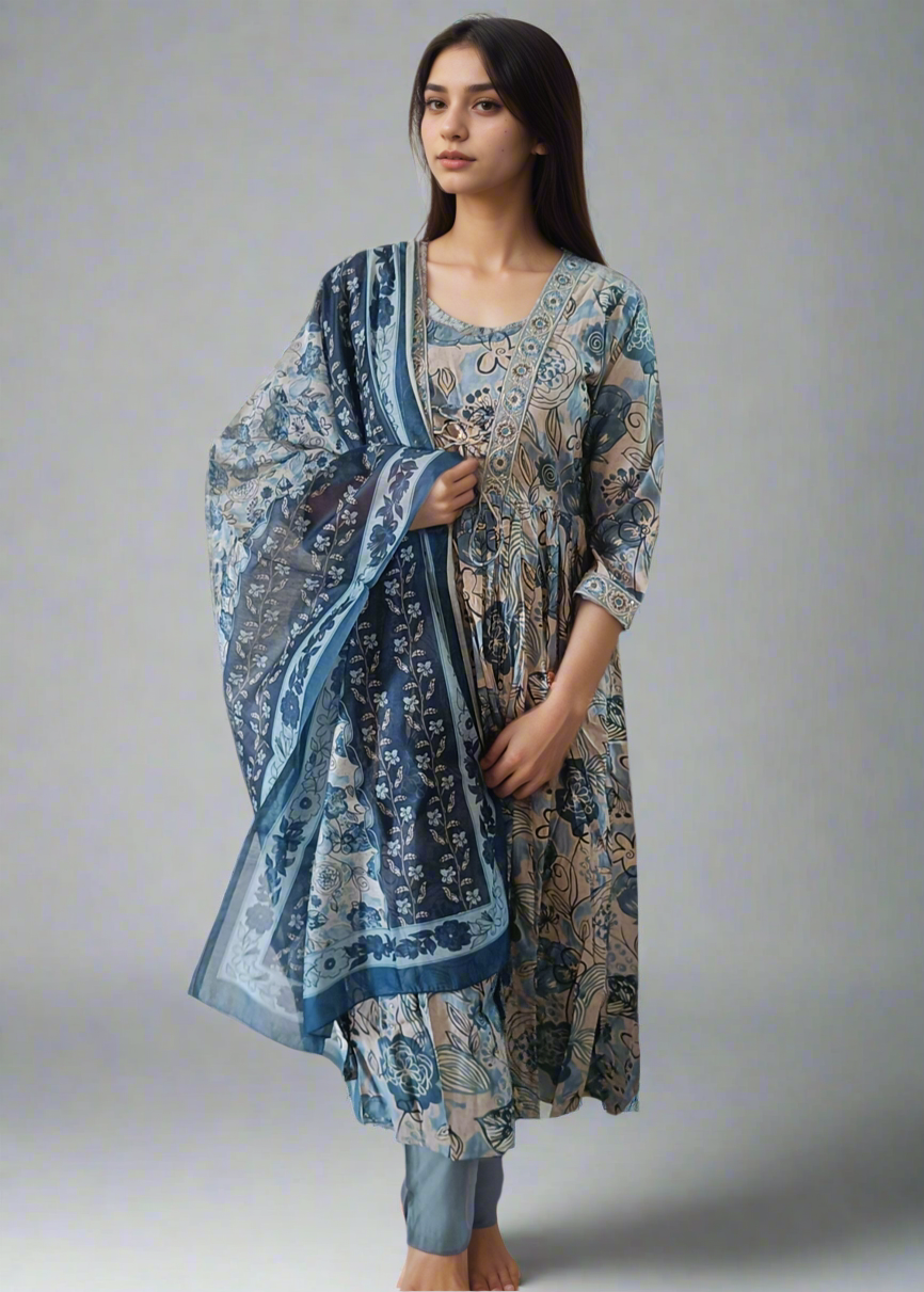 Woman wearing a long, patterned floral suit set dress with matching dupatta on a white background