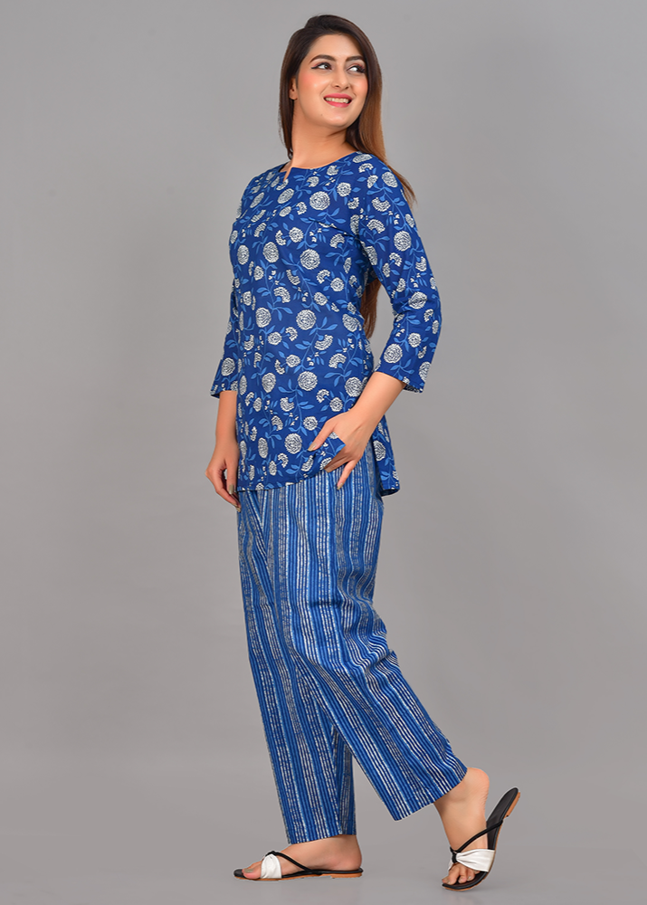 FLORAL HAND BLOCK PRINT WITH STRIPES COTTON CO-ORD SET