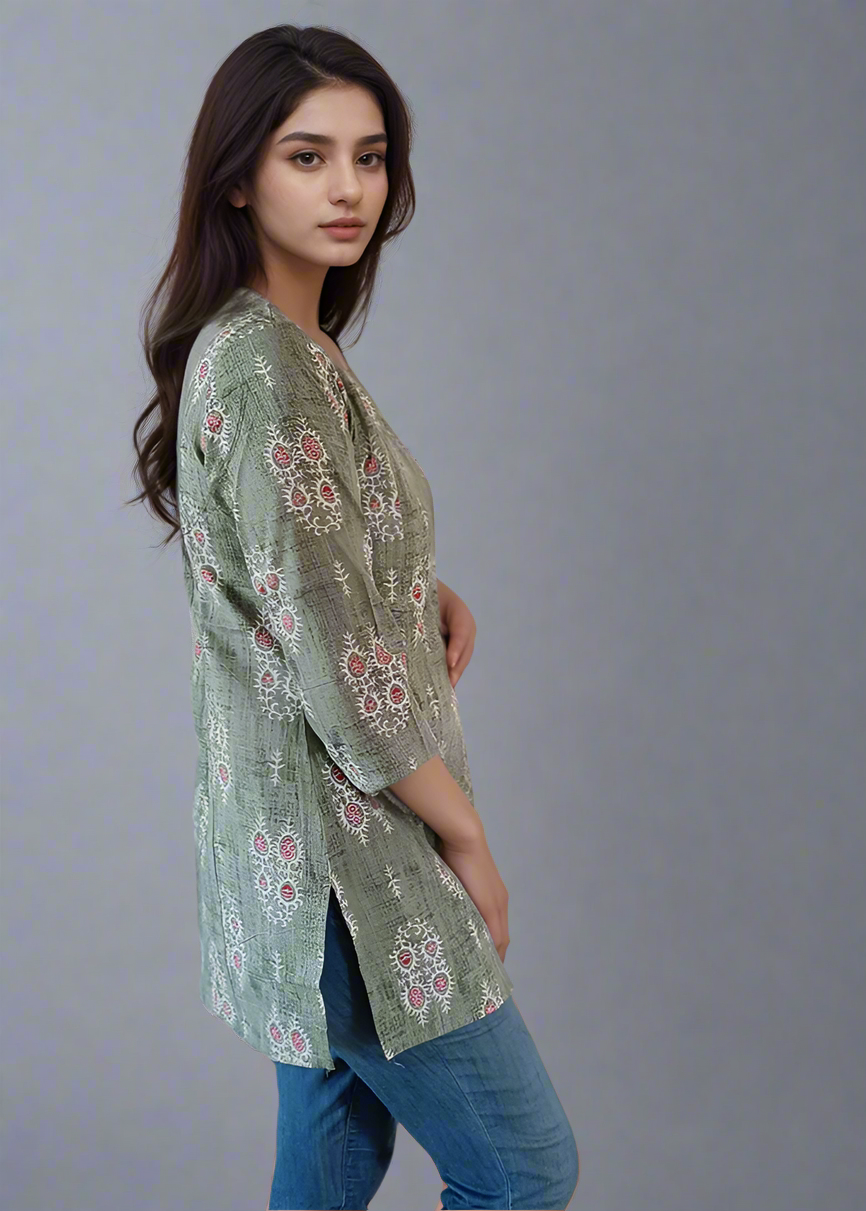 GREEN AJRAK PRINT COTTON TUNIC KURTI TOP