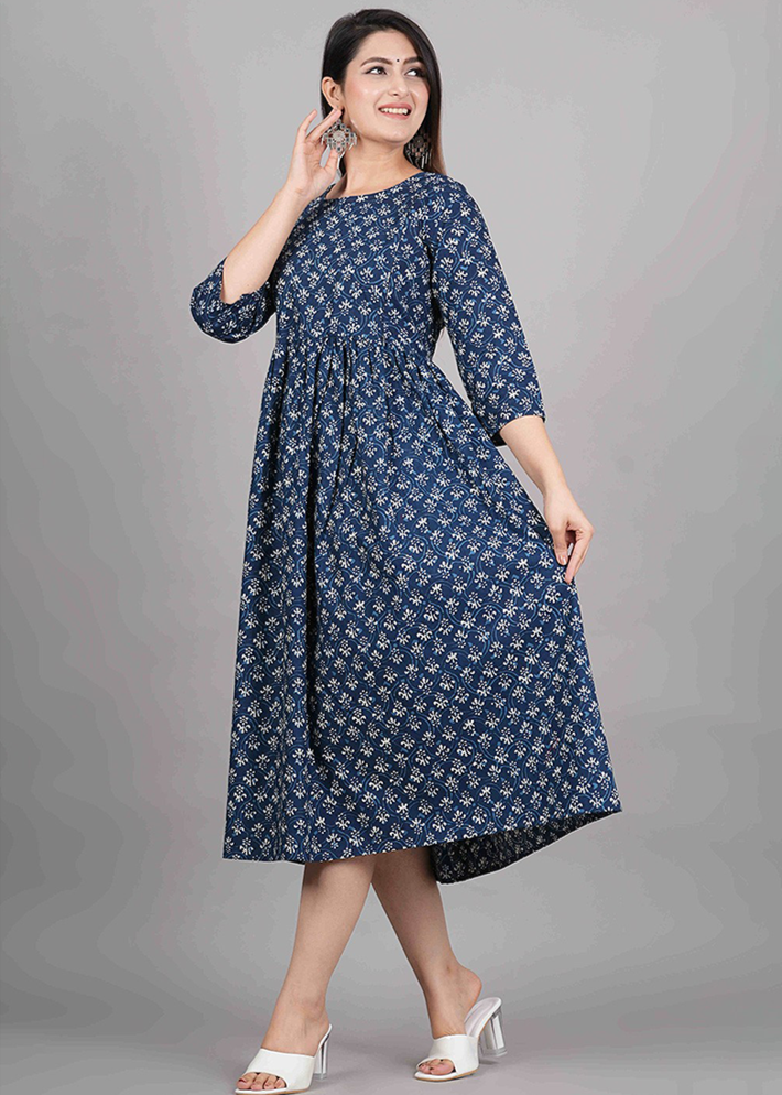 INDIGO BLUE ETHNIC BLOCK PRINT COTTON MATERNITY NURSING DRESS