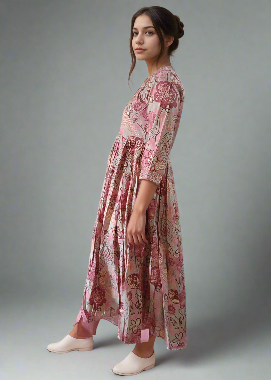 Woman wearing a floral suit set dress with a matching dupatta on a plain background