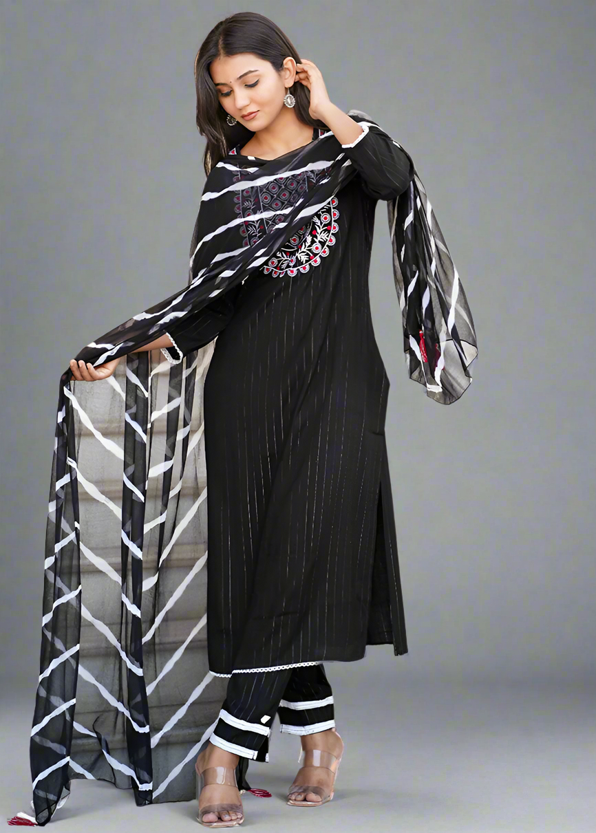 BLACK EMBROIDERED KURTA SET WITH LEHRIYA DUPATTA