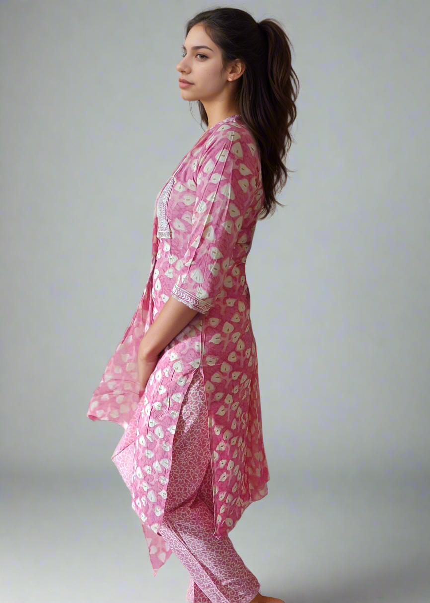 Woman wearing a pink silk salwar suit kurta set against a plain background