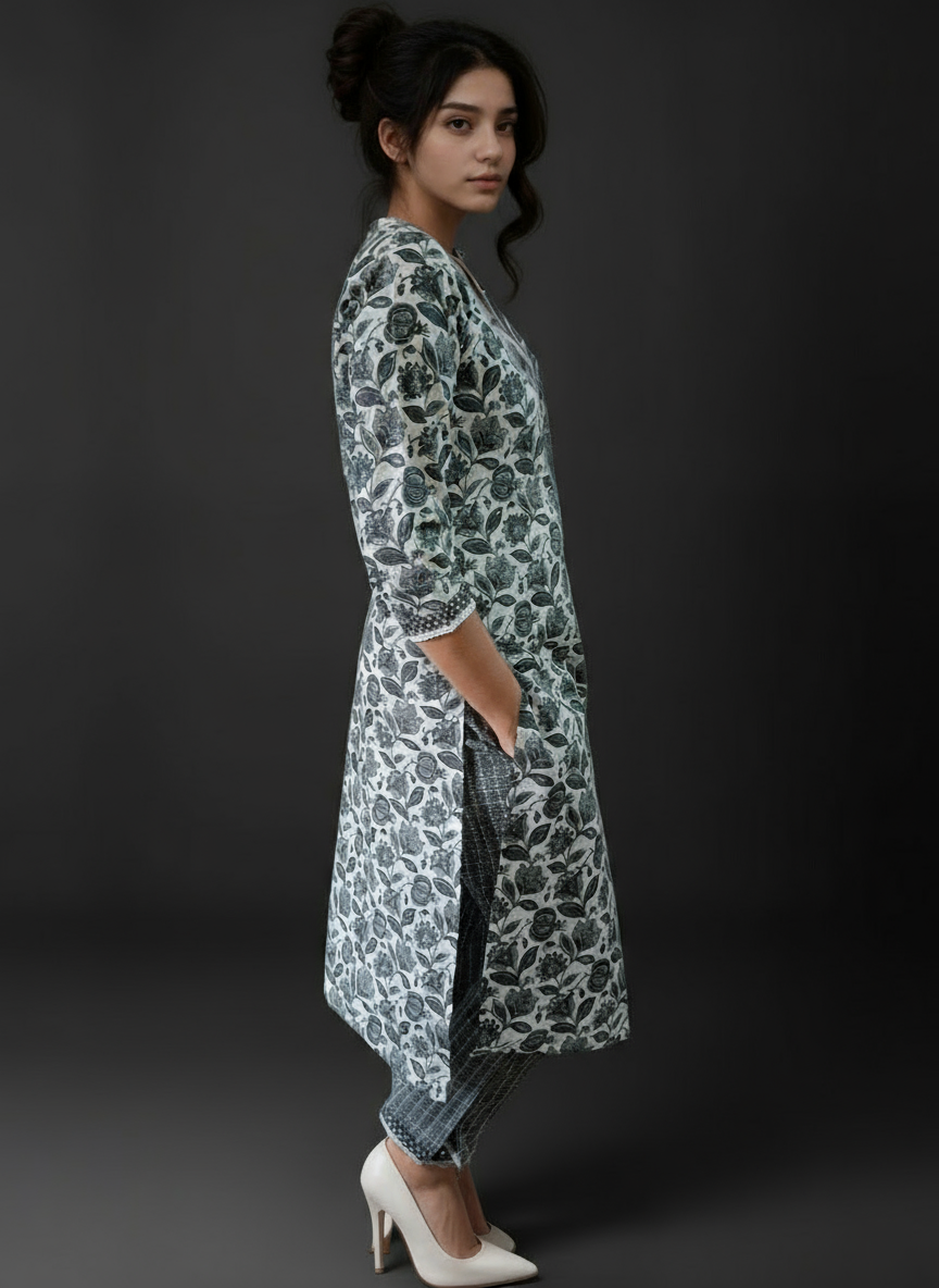 Woman wearing a floral patterned kurta with pocket pant on a plain background