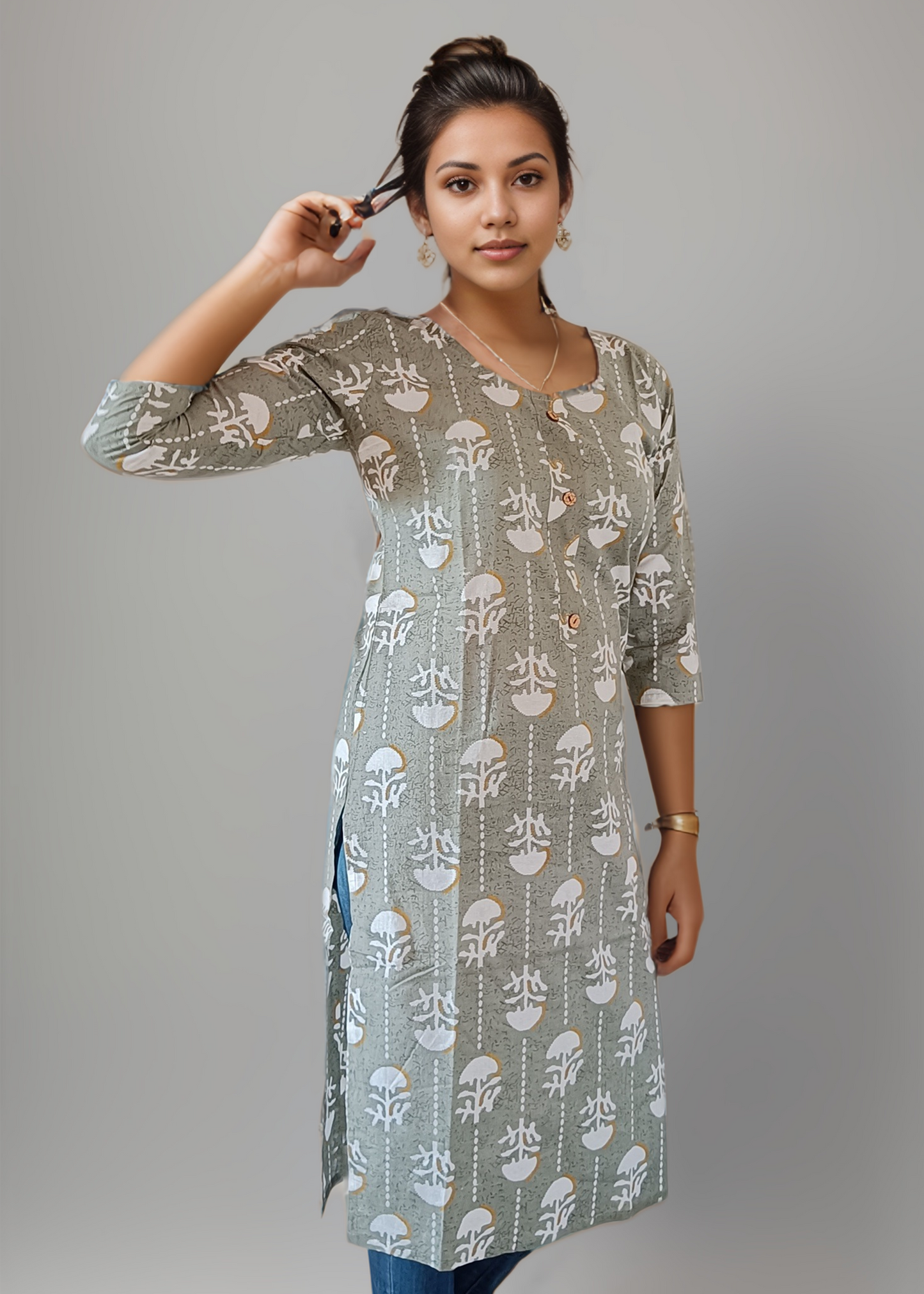 GREY TRADITIONAL COTTON KURTI WITH MODERN TOUCH