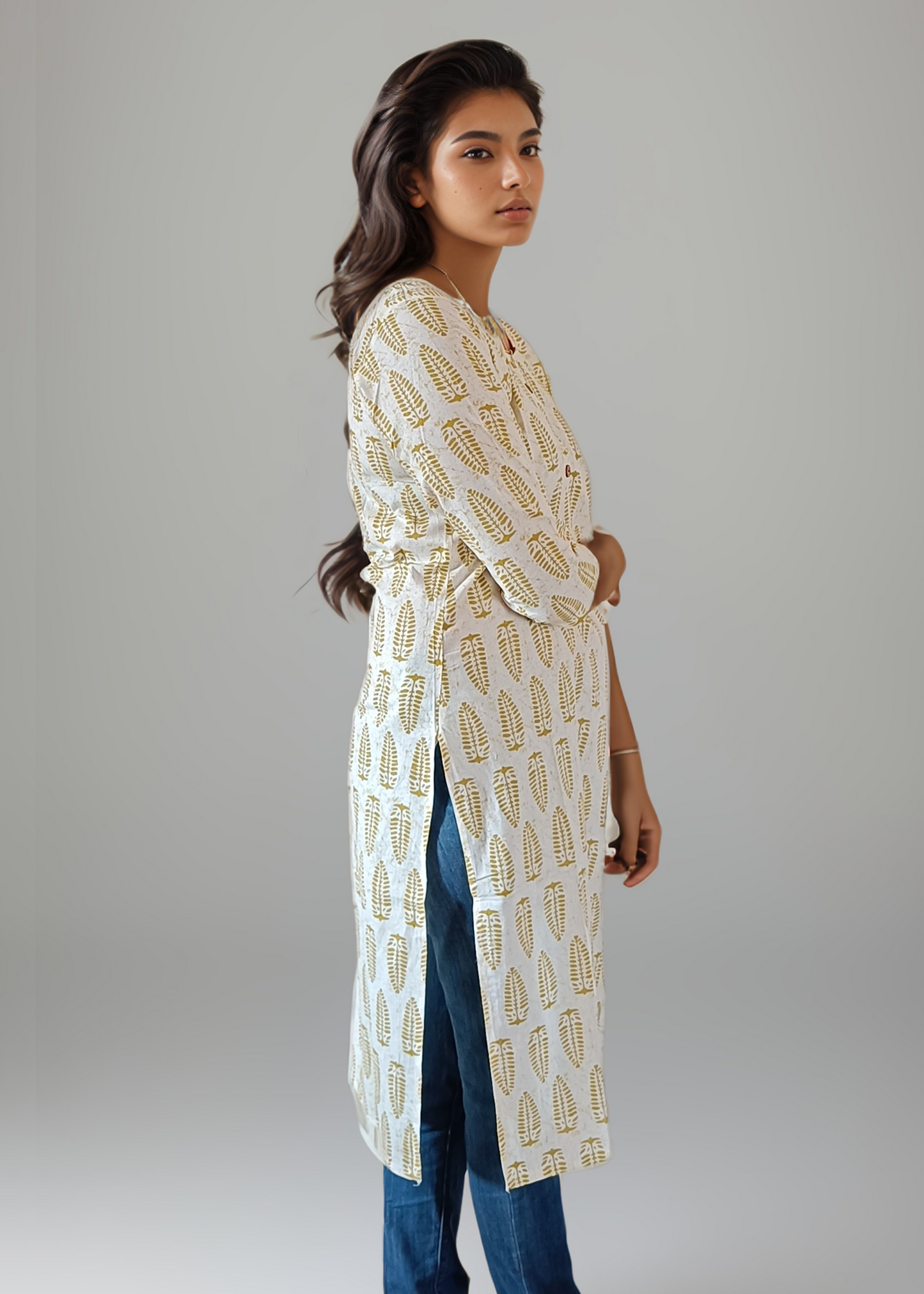 WHITE HAND BLOCK STRAIGHT FIT COTTON KURTI